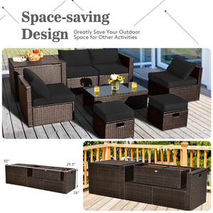 8-piece seat for more creative combinations Fetch different belongings with ease because of the practical coffee table Sturdier and safer to use with high quality tempered glass tabletop Soft and thick cushions for ultimate coziness Hold the ottomans' cus