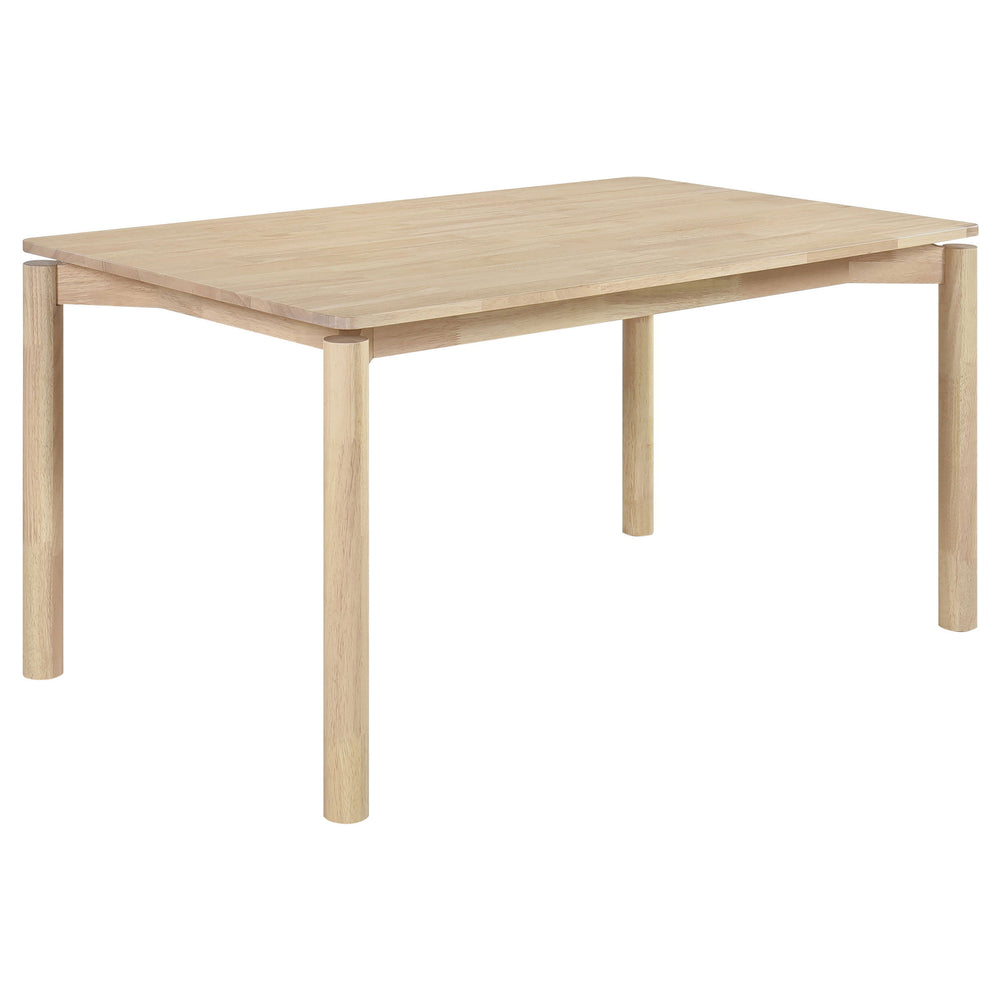 Introduce a natural and refreshing ambiance to your dining space with this solid wood dining table. Designed with a clean, minimalist aesthetic, this table features a 59-inch length that perfectly balances functionality and style. The smooth finish enhanc