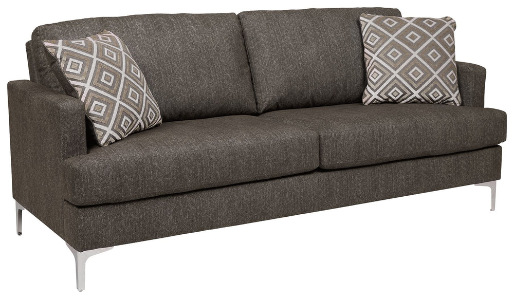 If modern subtlety is your style, settle into the heavenly texture of this sofa. The tremendously soft upholstery has a slight herringbone pattern that adds depth and richness to the java color. The metal accent legs elevate this piece as well as the styl