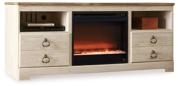This TV stand with fireplace insert is the ultimate statement piece for a coastal cottage or shabby chic inspired retreat. Whitewashed finish is wonderfully easy on the eyes. Paired with the TV standâ€™s unique plank-style top, itâ€™s a driftwoody look th