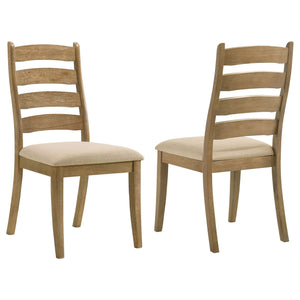 Put finishing touches on an inviting kitchen or dining room table with a set of two modern farmhouse dining chairs. Each boasts an armless silhouette with a ladder back design that adds timeless character. The warm brown oak wood grain finish is classic, 