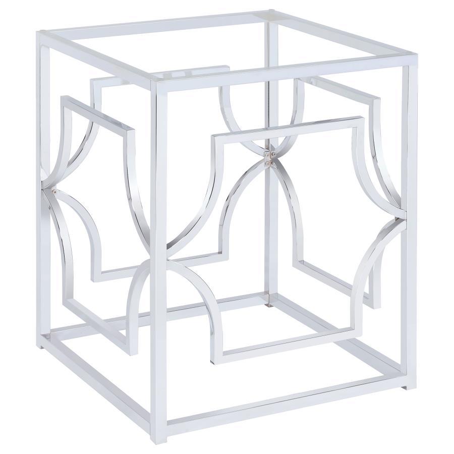 Sculptural and versatile, this round dining table base makes a bold design statement. The geometric metal frame showcases interlocking curved motifs within a square form, finished in a reflective electroplated surface. Designed to support a glass top of y