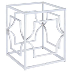 Sculptural and versatile, this round dining table base makes a bold design statement. The geometric metal frame showcases interlocking curved motifs within a square form, finished in a reflective electroplated surface. Designed to support a glass top of y