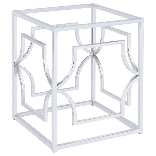 Sculptural and versatile, this round dining table base makes a bold design statement. The geometric metal frame showcases interlocking curved motifs within a square form, finished in a reflective electroplated surface. Designed to support a glass top of y