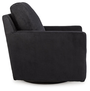  homey comfort. This swivel chair has it all. Lightweight onyx-hued corduroy upholstery makes it a cozy yet head-turning piece. Factor in the 360-degree spin