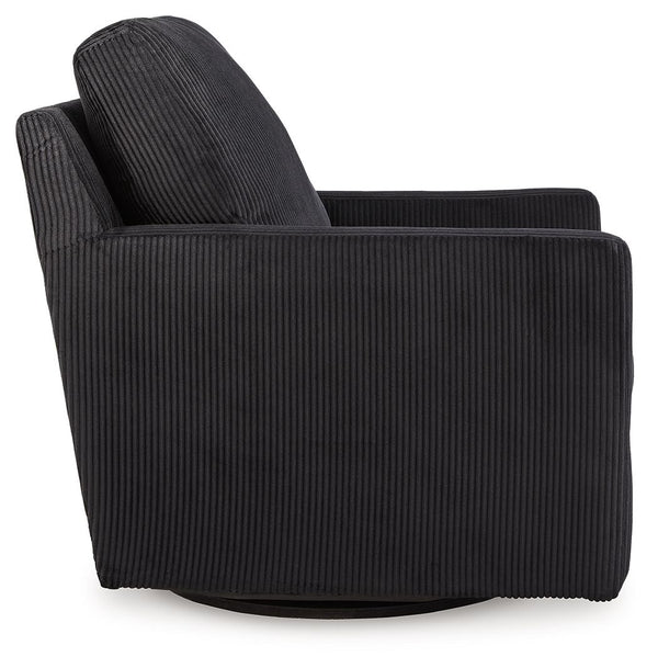  homey comfort. This swivel chair has it all. Lightweight onyx-hued corduroy upholstery makes it a cozy yet head-turning piece. Factor in the 360-degree spin