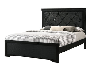 This bedroom set embodies a refined elegance with its rich black hue and luxurious textures, perfect for creating a serene and sophisticated sanctuary. The centerpiece is a sumptuous bed framed by a headboard with diamond-tufted detailing, offering a touc