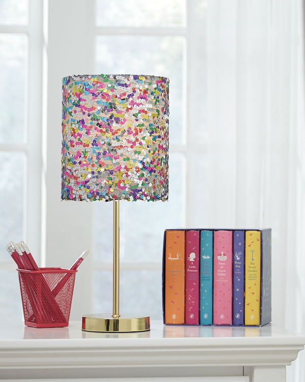  sheâ€™ll love this table lamp. Multicolored sequined drum shade lights up her room in style. Goldtone metal base is a classy touch to this glitzy design.<br><br><b>Additional Dimensions</b><br><ul><li>S