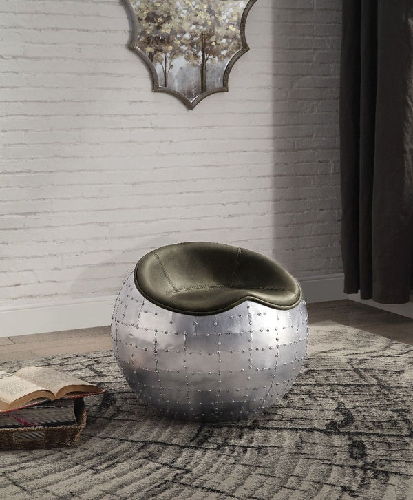With its whimsically round aluminum base, the Brancaster ottoman is a unique accent seat that will look great in any room. The padded seat is upholstered in top grain leather, and comes in four color options: retro brown, antique ebony, antique red, and a