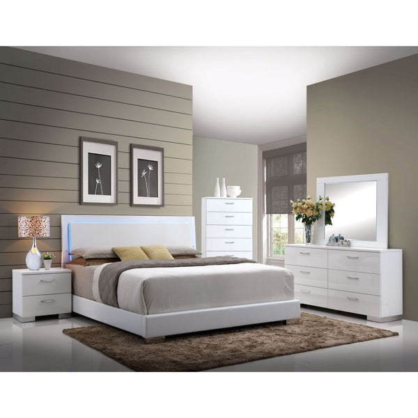 High gloss white finish wraps the Lorimar bedroom collection for a casual yet contemporary look to be added to your home. Featured PU footboard adds different look of this bed increasing variety to your sweet modern master room.<br/><br/><b>Product Featur