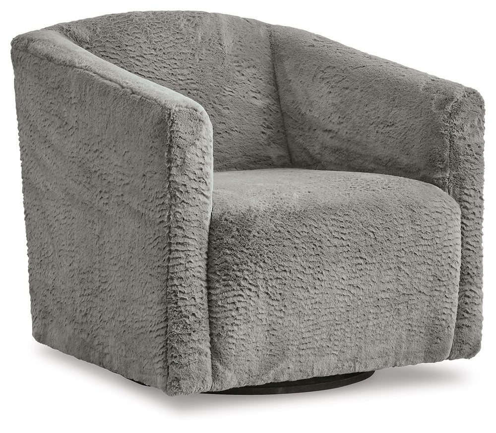 Craft a chic and cozy seating space with this accent chair. The swivel base makes it simple to hop from one conversation to another when hosting. Faux rabbit fur upholstery has a luxe look with a universal appeal. Whether you-'re serving up charcuterie to