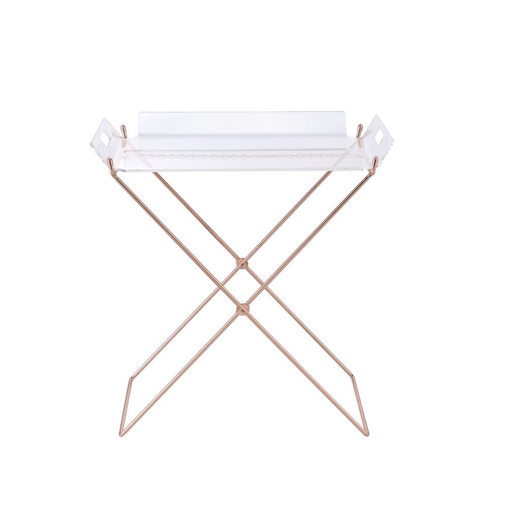 The Cercie tray table is a fine addition to any home, and functional serving tray table. The Cercie tray table includes a modern clear acrylic removable tray top, and metal stand in copper finish, this contrasting table will definitely become the most eye