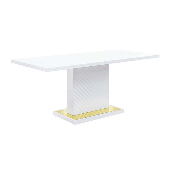 The sleek clean-lined table Gaines dining table offers subtle a hint of glam, the base offers a touch of gold to enhance the textured vertical lined pedestal. The white high gloss finish reflects light and makes any dining space appear larger and grander.