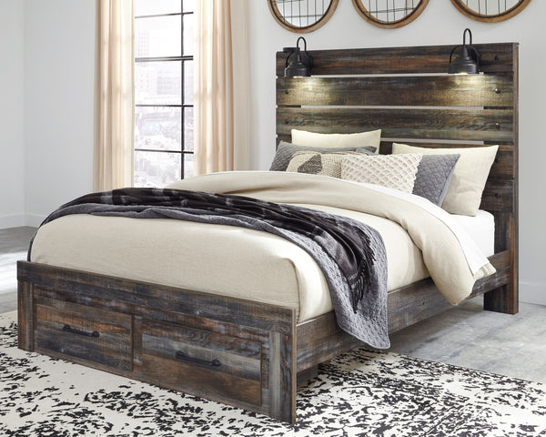 When merged in just the right way, rustic and industrial styles can make one happy marriage. Case in point: this queen panel bed with storage. A refined take on barn board beauty, its complex, replicated wood grain showcases hints of burnt orange and teal