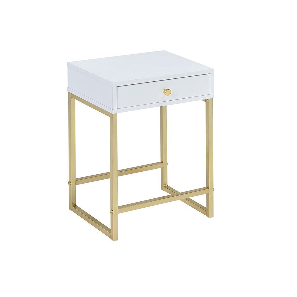 Bring the trending contemporary style into your home with this updated Coleen side table. This side table comes with a drawer providing you an additional space to storage. With featuring white top and brass base, this accent piece will be an elegant piece