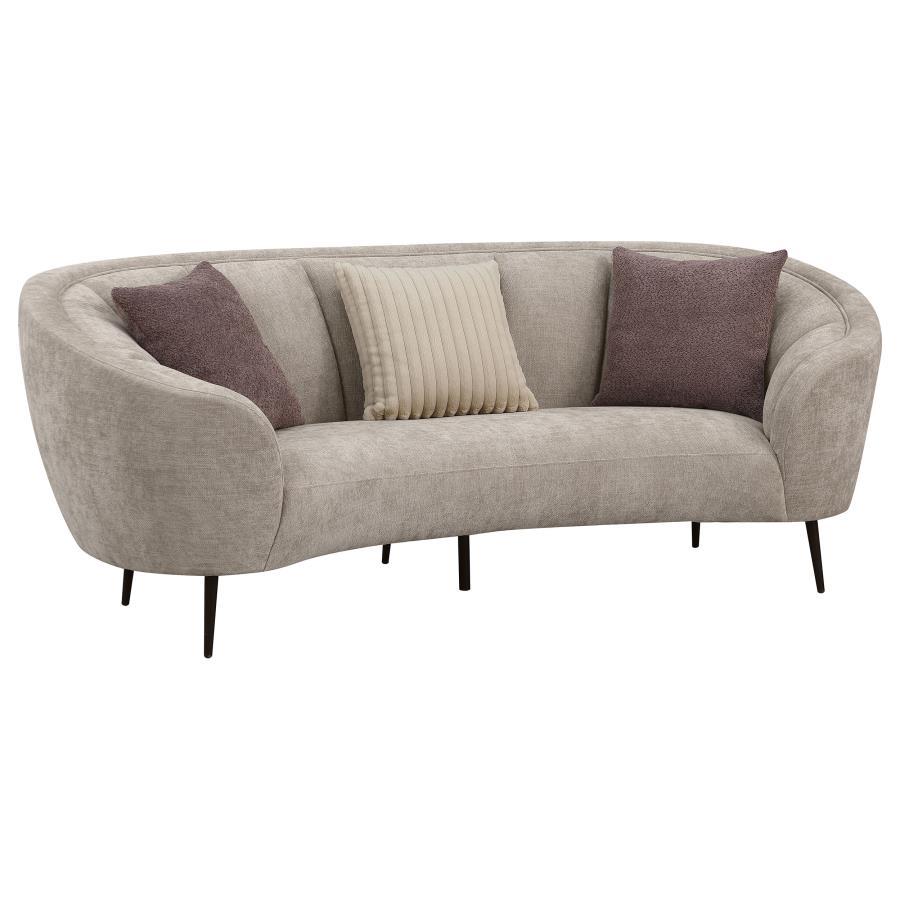 Bring fresh, effervescent energy to your living room with a modern upholstered sofa that shows off your curve appeal. This great piece, in soft beige with wonderful texture, is designed to float in the center of a room as an attractive focal point. Its ro