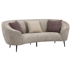 Bring fresh, effervescent energy to your living room with a modern upholstered sofa that shows off your curve appeal. This great piece, in soft beige with wonderful texture, is designed to float in the center of a room as an attractive focal point. Its ro
