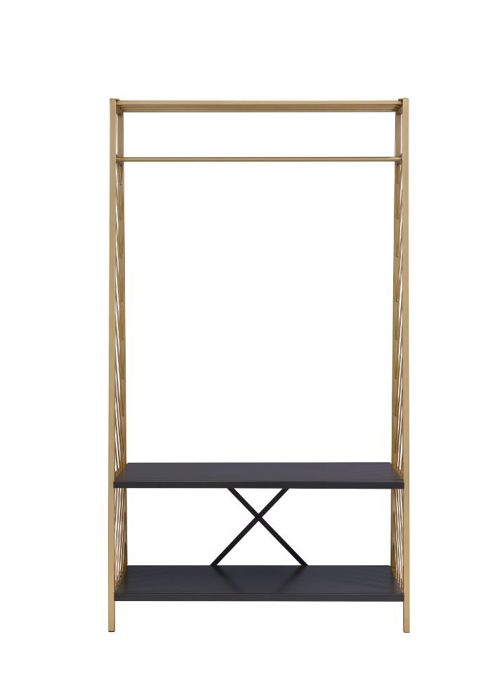 Inspired by contemporary line art, the hall tree showcases a open frame with clean lines that enhances the fashion sense of the space. A gold finsh beautifully complements the metal frame while it-'s shelves in a deep black finish highlight your collectio