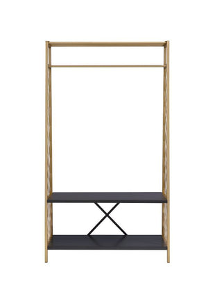  the hall tree showcases a open frame with clean lines that enhances the fashion sense of the space. A gold finsh beautifully complements the metal frame while it-'s shelves in a deep black finish highlight your collectio