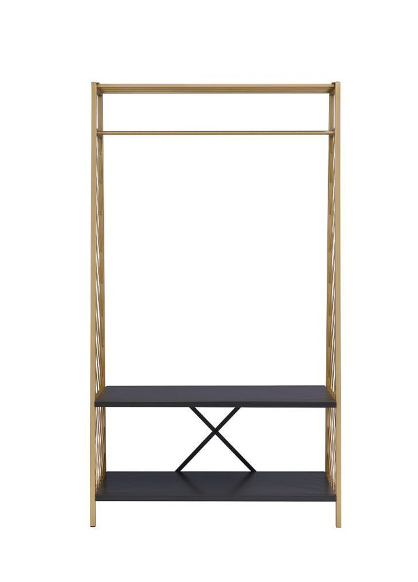  the hall tree showcases a open frame with clean lines that enhances the fashion sense of the space. A gold finsh beautifully complements the metal frame while it-'s shelves in a deep black finish highlight your collectio