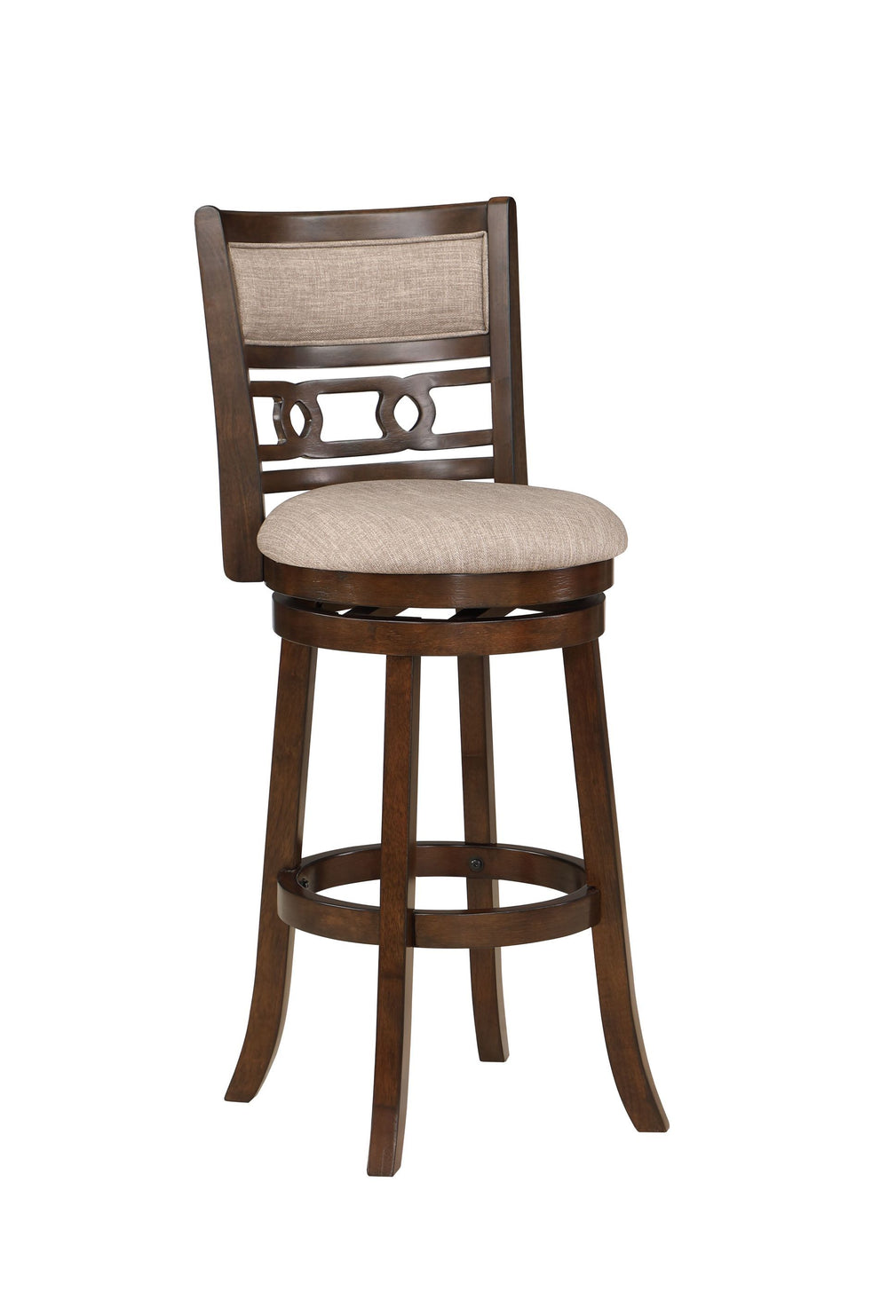 The Gia Wood 29" Swivel Upholstered Barstool in Cherry combines timeless design with lasting comfort, making it an ideal addition to your kitchen or home bar. Crafted with Mindi and Rubberwood solids and veneers, this barstool offers a sturdy and elegant 