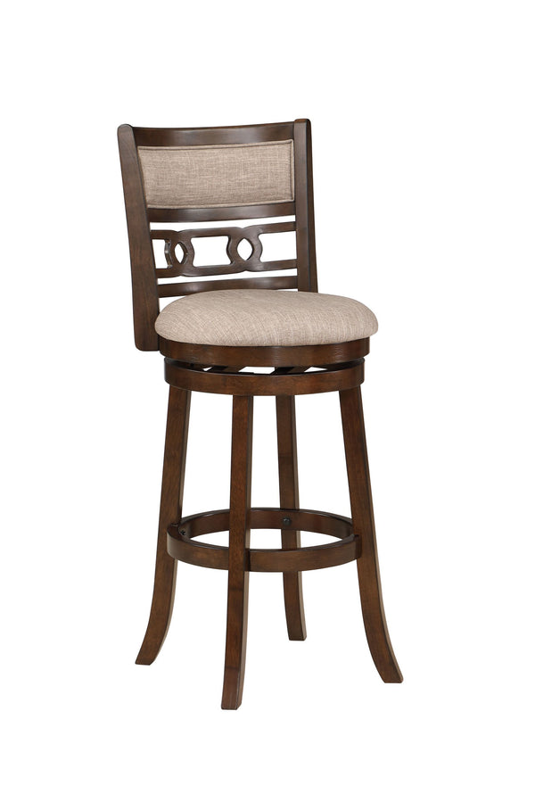 The Gia Wood 29" Swivel Upholstered Barstool in Cherry combines timeless design with lasting comfort, making it an ideal addition to your kitchen or home bar. Crafted with Mindi and Rubberwood solids and veneers, this barstool offers a sturdy and elegant 