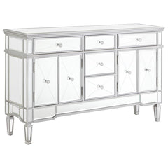 This mirrored accent cabinet has plenty of storage and panache. Fashioned from a combination of materials, it brings modern appeal and convenience to the home. It features birchwood and MDF construction in a silver finish to match the lustrous mirrored ac