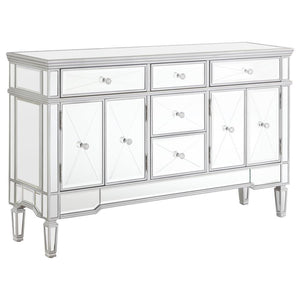 This mirrored accent cabinet has plenty of storage and panache. Fashioned from a combination of materials, it brings modern appeal and convenience to the home. It features birchwood and MDF construction in a silver finish to match the lustrous mirrored ac