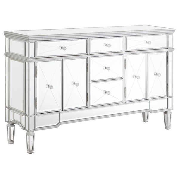 This mirrored accent cabinet has plenty of storage and panache. Fashioned from a combination of materials, it brings modern appeal and convenience to the home. It features birchwood and MDF construction in a silver finish to match the lustrous mirrored ac