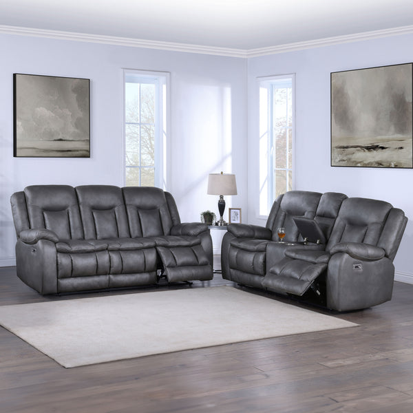 The Morello 2 Piece Power Reclining Sofa and Console Loveseat in gray is a perfect addition to any living space. This set includes a power couch and a power console loveseat, both upholstered in sumptuously soft 100% polyester fabric that mimics the look 