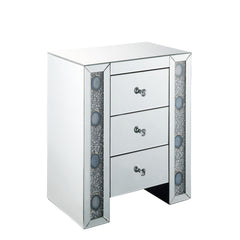 Assambled, Rectangular Night Table Beveled Mirrored Finish, Clear Glass with Faux Agate & Faux Diamonds Inlay (Back Unfinished) Orientation: Free Standing Storage: 3 Drawers (Open Base) CONSTRUCTION Mirrored Case-Frame & Drw: Mirror, MDF (Fixed Top) Mirro
