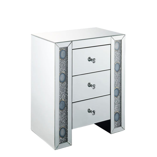 Assambled, Rectangular Night Table Beveled Mirrored Finish, Clear Glass with Faux Agate & Faux Diamonds Inlay (Back Unfinished) Orientation: Free Standing Storage: 3 Drawers (Open Base) CONSTRUCTION Mirrored Case-Frame & Drw: Mirror, MDF (Fixed Top) Mirro