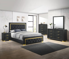 This bedroom collection offers a sophisticated palette of black and gold, presenting a refined look that-'s both modern and timeless. The bed anchors the set with its plush, button-tufted headboard framed by a bold, gold accent trim, creating a luxurious 