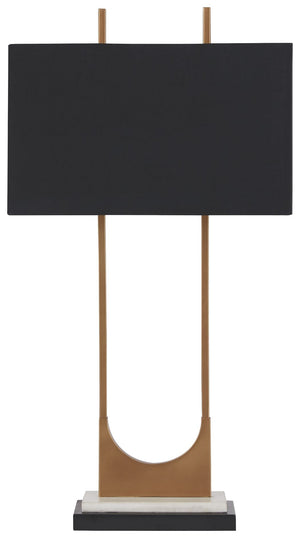 The open metal brass-tone frame adds elegant style to the look of this table lamp. It features a black rectangle shade, brass and black metal finish, white marble base and a 3-way switch. It is built with sheer perfection and adds a dazzling glow to your 
