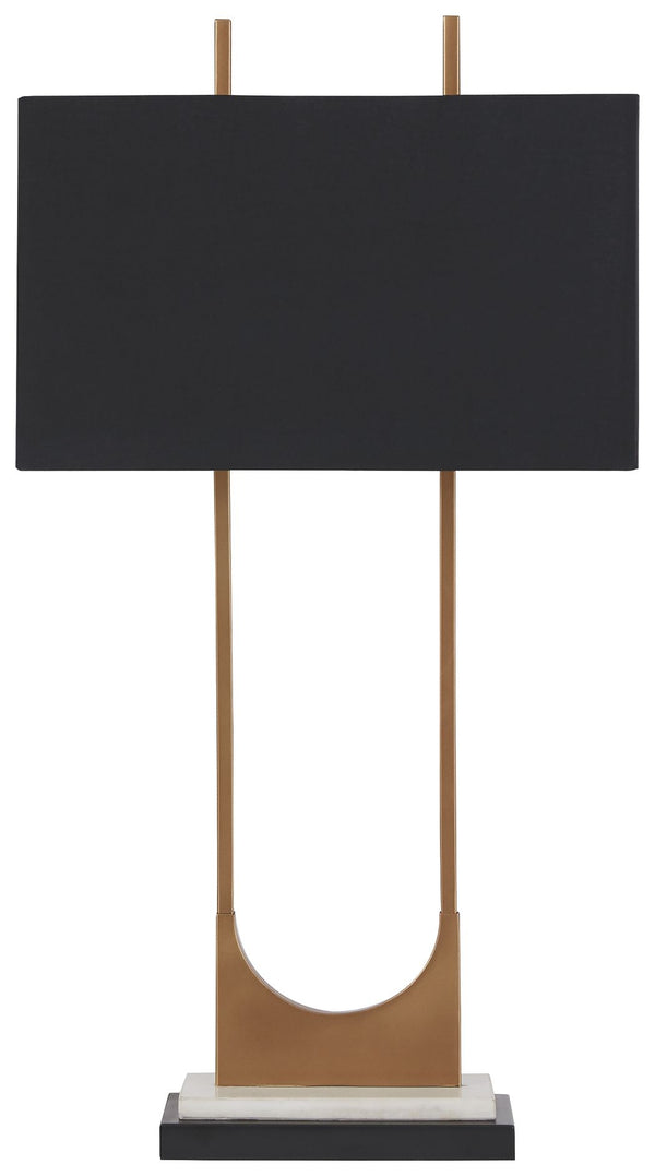 The open metal brass-tone frame adds elegant style to the look of this table lamp. It features a black rectangle shade, brass and black metal finish, white marble base and a 3-way switch. It is built with sheer perfection and adds a dazzling glow to your 