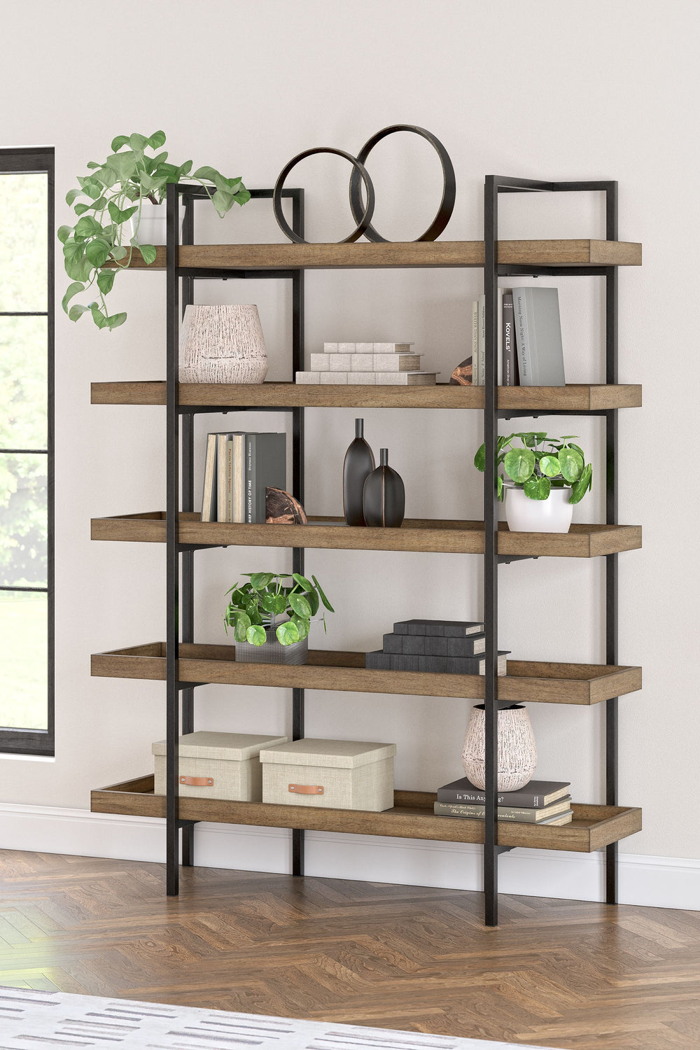 Sleek in its simplicity, this bookcase encourages you to work or study in style. Its mixed-material design brings a trendy, urban chic feel to your work area. Five gallery shelves serve as the perfect place to store and display your favorite books or acce