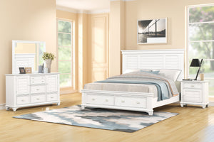 The Jamestown 4-Piece Wood Bedroom Set in White offers a perfect blend of style, durability, and practicality, designed to transform your bedroom into a serene and organized space. This set includes a Panel Bed with a storage footboard, Dresser, Mirror, a