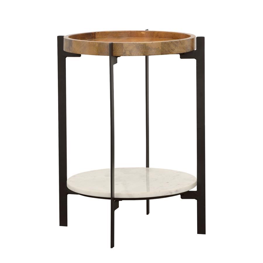 Complete your living space with this chic side table, blending organic materials with sleek modern design. The beautiful round mango wood top showcases unique grain patterns, while a white marble shelf below adds a touch of luxury. Supported by slender bl