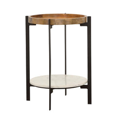 Complete your living space with this chic side table, blending organic materials with sleek modern design. The beautiful round mango wood top showcases unique grain patterns, while a white marble shelf below adds a touch of luxury. Supported by slender bl