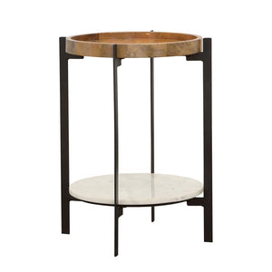 Complete your living space with this chic side table, blending organic materials with sleek modern design. The beautiful round mango wood top showcases unique grain patterns, while a white marble shelf below adds a touch of luxury. Supported by slender bl