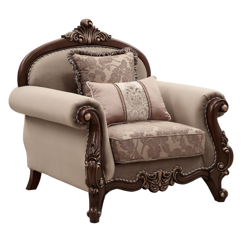 KD Back, w/2 Pillows Carved Crown, Curved-Scrolled Trim with 2-Tone Welt Trim: Walnut Finish with Contrast Gold-Brush Accent, Poplar Wood (Backrest, Front Armrest & Base) Backrest Style: Arched Tight Back & Loose Seat Cushion (1+1) Seat Construction: Fram