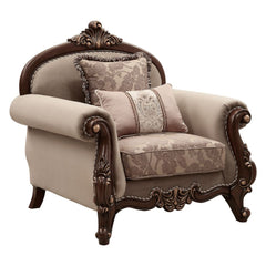 KD Back, w/2 Pillows Carved Crown, Curved-Scrolled Trim with 2-Tone Welt Trim: Walnut Finish with Contrast Gold-Brush Accent, Poplar Wood (Backrest, Front Armrest & Base) Backrest Style: Arched Tight Back & Loose Seat Cushion (1+1) Seat Construction: Fram
