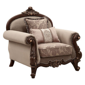 KD Back, w/2 Pillows Carved Crown, Curved-Scrolled Trim with 2-Tone Welt Trim: Walnut Finish with Contrast Gold-Brush Accent, Poplar Wood (Backrest, Front Armrest & Base) Backrest Style: Arched Tight Back & Loose Seat Cushion (1+1) Seat Construction: Fram