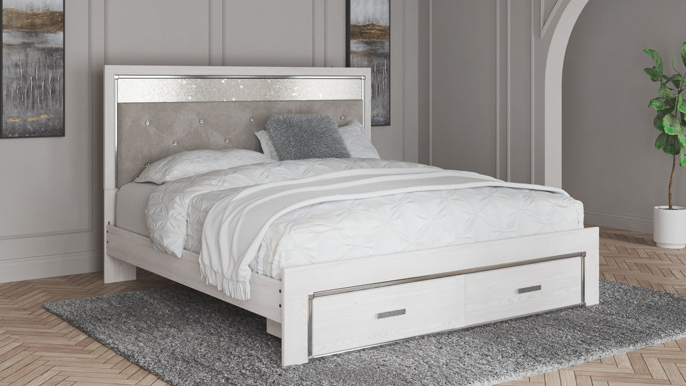 The epitome of fashion-forward design, this king upholstered storage bed is a beautiful blend of comfort and luxury. Shiny chrome-tone accents, a pearlized finish and button-tufted upholstery bring a glam touch to the richly rustic appearance. Remote-cont