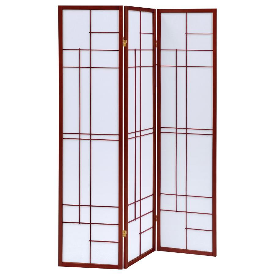 Explore a different look with this three-panel screen. Linear design accents join to create an eye-catching presence. Folded panels provide a privacy measure or a room divider. Brownish red finish frames and trim add a warm touch. Enjoy an enticing optica