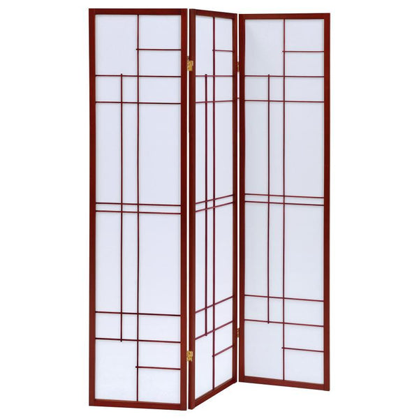 Explore a different look with this three-panel screen. Linear design accents join to create an eye-catching presence. Folded panels provide a privacy measure or a room divider. Brownish red finish frames and trim add a warm touch. Enjoy an enticing optica