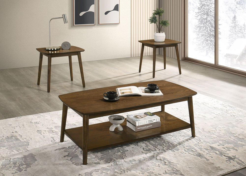 Add a touch of mid-century charm to your living space with this sleek and stylish three-piece set. Featuring elegantly curved edges and tapered legs, it offers a timeless look that effortlessly blends with modern or classic dÃ©cor. The rich wood finish en
