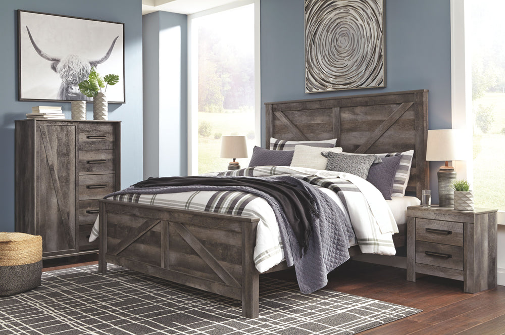 Rustic gray planked replicated oak grain with authentic touch. Large scaled dark colored hooded pull. Sticks across headboard give a thick planked look. Side roller glides for smooth operating drawers. Cases feature a framed front and pilasters. Large dra