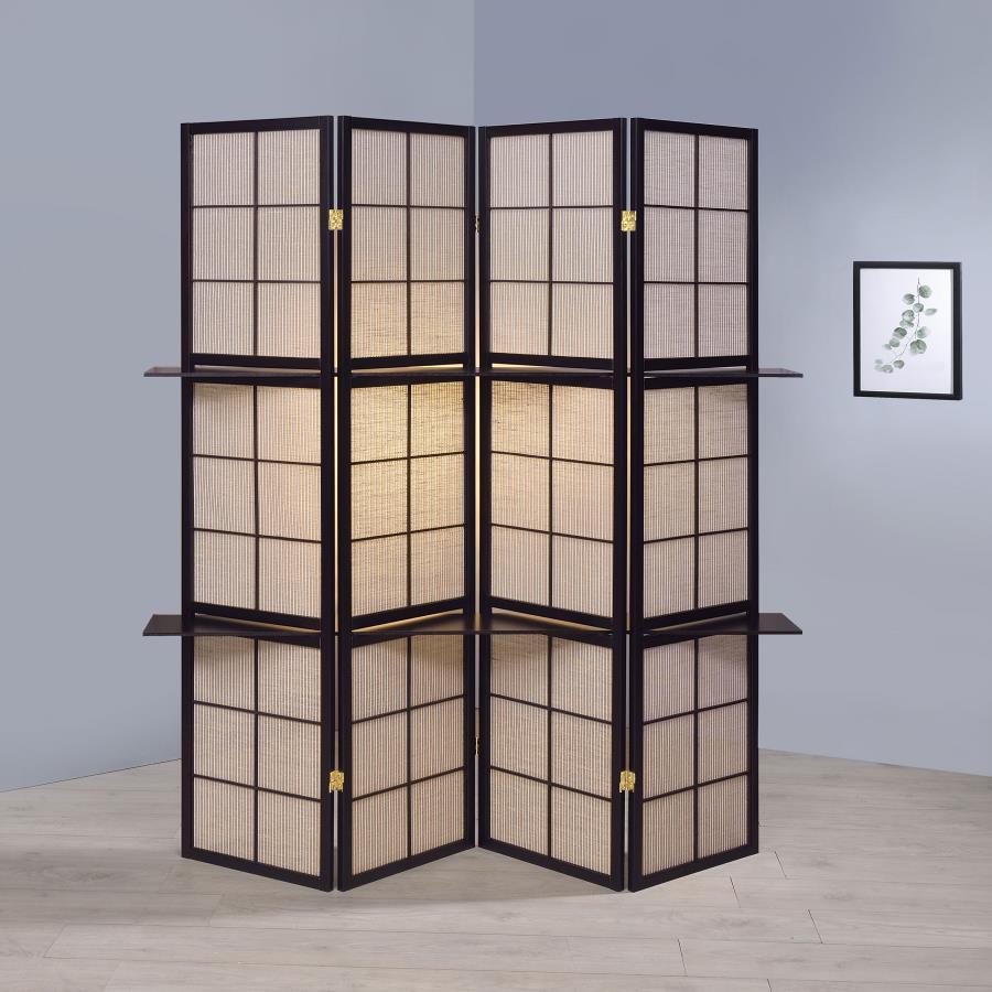 A hint of nature-'s earth ambiance makes its way into a decor classic. Ideal for a large space, this four-panel screen adds a functional bonus as well as a delightful artistic plus. Four panels join with hinges to accommodate varying configurations. They 
