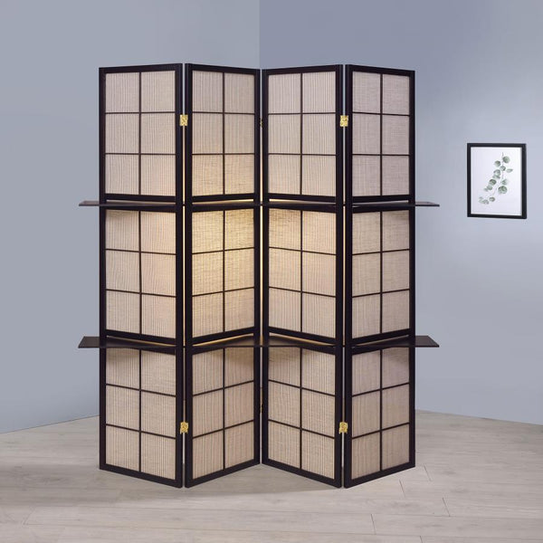  this four-panel screen adds a functional bonus as well as a delightful artistic plus. Four panels join with hinges to accommodate varying configurations. They 